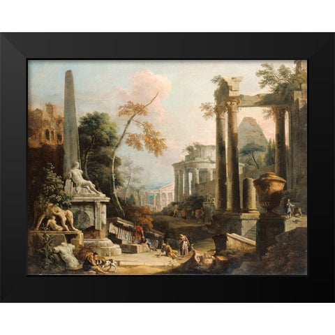 Landscape with Classical Ruins and Figures Black Modern Wood Framed Art Print by Ricci, Marco