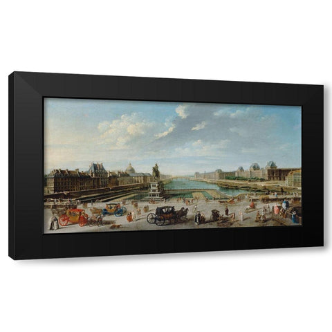 A View of Paris from the Pont Neuf Black Modern Wood Framed Art Print with Double Matting by Raguenet, Jean-Baptiste