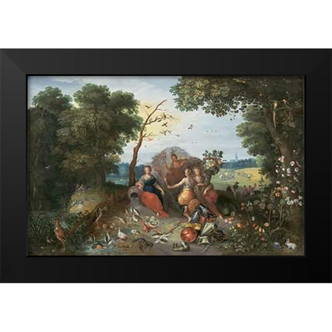 Landscape with Allegories of the Four Elements Black Modern Wood Framed Art Print by Brueghel, Jan II