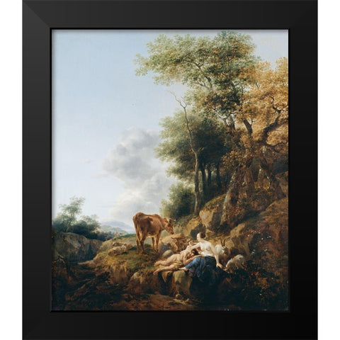 Landscape with a Nymph and a Satyr Black Modern Wood Framed Art Print by Berchem, Nicolaes