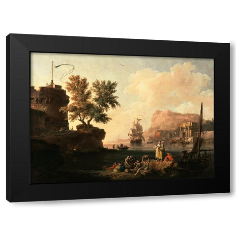 Mediterranean Harbor Scene Black Modern Wood Framed Art Print with Double Matting by Volaire, Pierre-Jacques