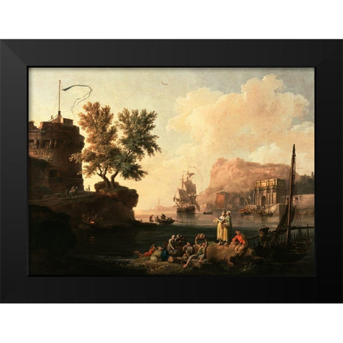 Mediterranean Harbor Scene Black Modern Wood Framed Art Print by Volaire, Pierre-Jacques