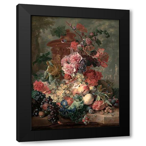 Fruit Piece Black Modern Wood Framed Art Print with Double Matting by Van Huysum, Jan