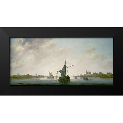 A View of the Maas at Dordrecht Black Modern Wood Framed Art Print by Cuyp, Aelbert