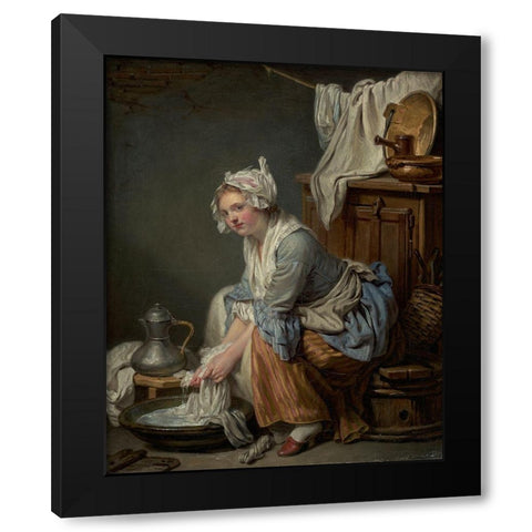 The Laundress (La Blanchisseuse) Black Modern Wood Framed Art Print by Greuze, Jean-Baptiste