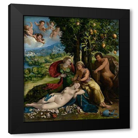 Mythological Scene Black Modern Wood Framed Art Print by Dossi, Dosso