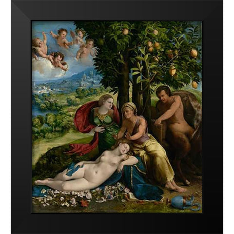 Mythological Scene Black Modern Wood Framed Art Print by Dossi, Dosso