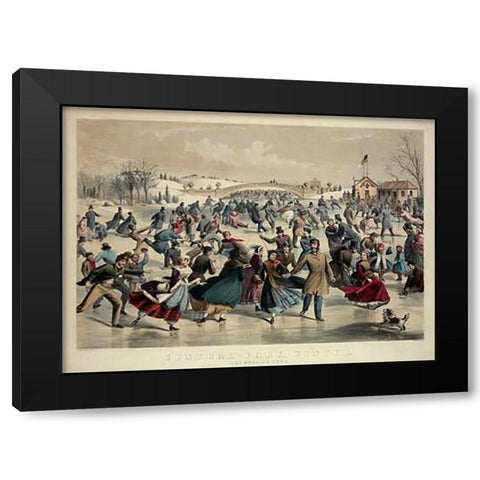 Central-Park, Winter - The Skating Pond, New York, 1862 Black Modern Wood Framed Art Print with Double Matting by Ives, Currier and