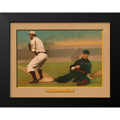 Trying to Catch Him Napping, Baseball Card Black Modern Wood Framed Art Print by American Tobacco Company