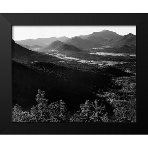 Valley surrounded by mountains, in Rocky Mountain National Park, Colorado, ca. 1941-1942 Black Modern Wood Framed Art Print by Adams, Ansel