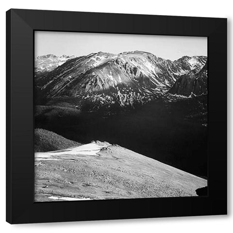 Panorama of barren mountains and shadowed valley, in Rocky Mountain National Park, Colorado, ca. 194 Black Modern Wood Framed Art Print by Adams, Ansel