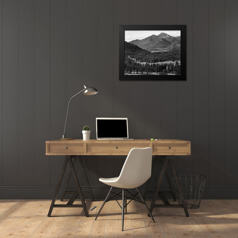 View with trees in foreground, barren mountains in background, in Rocky Mountain National Park, Colo Black Modern Wood Framed Art Print by Adams, Ansel
