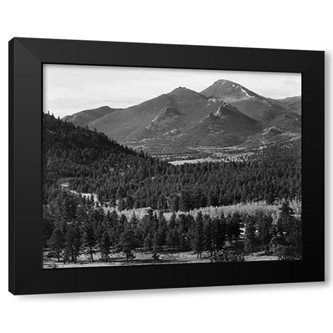 View with trees in foreground, barren mountains in background, in Rocky Mountain National Park, Colo Black Modern Wood Framed Art Print with Double Matting by Adams, Ansel