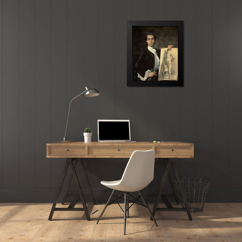 Custom Crop - Portrait of The Artist Holding a Life Study Black Modern Wood Framed Art Print by Melendez, Luis Egidio