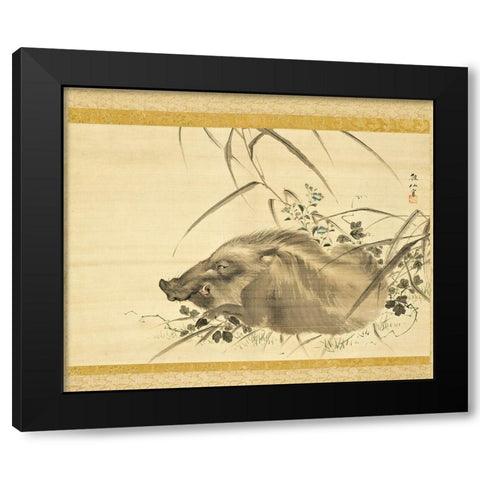 Wild Boar amidst Autumn Flowers and Grasses Black Modern Wood Framed Art Print with Double Matting by Sosen, Mori
