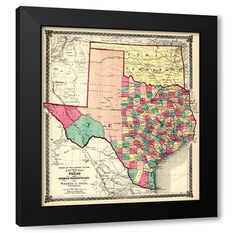 County Map of Texas, and Indian Territory, 1874 Black Modern Wood Framed Art Print with Double Matting by H.H. Lloyd and Company