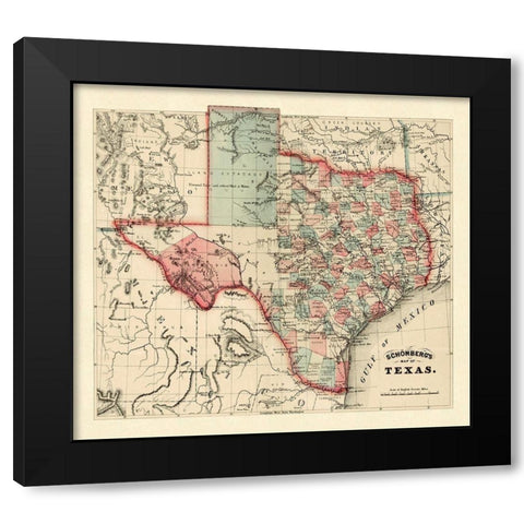 Schonbergs map of Texas, 1866 Black Modern Wood Framed Art Print with Double Matting by Schonberg and Co.,
