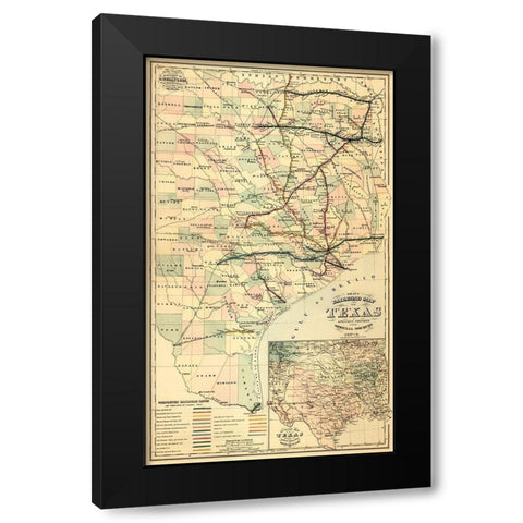 Grays railroad map of Texas. Black Modern Wood Framed Art Print by O.W. Gray and Son.,