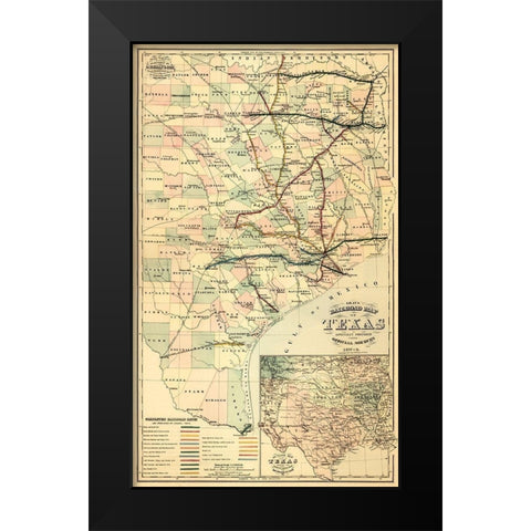 Grays railroad map of Texas. Black Modern Wood Framed Art Print by O.W. Gray and Son.,