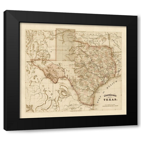 Schonbergs map of Texas, 1866 Black Modern Wood Framed Art Print with Double Matting by Schonberg and Co.,