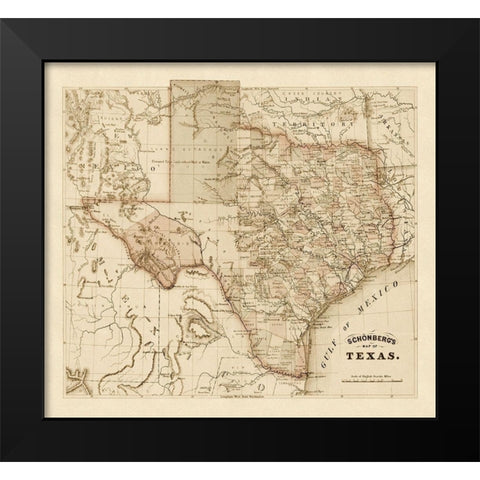 Schonbergs map of Texas, 1866 Black Modern Wood Framed Art Print by Schonberg and Co.,
