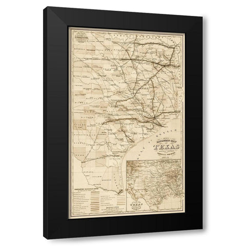 Grays railroad map of Texas - Decorative Sepia Black Modern Wood Framed Art Print by O.W. Gray and Son.,