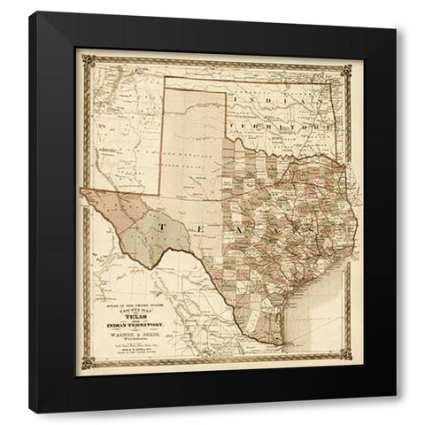 County Map of Texas, and Indian Territory, 1874 - Decorative Sepia Black Modern Wood Framed Art Print by H.H. Lloyd and Company