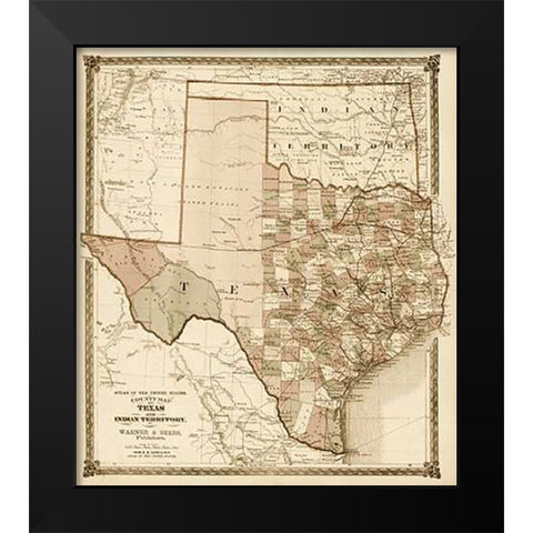 County Map of Texas, and Indian Territory, 1874 - Decorative Sepia Black Modern Wood Framed Art Print by H.H. Lloyd and Company