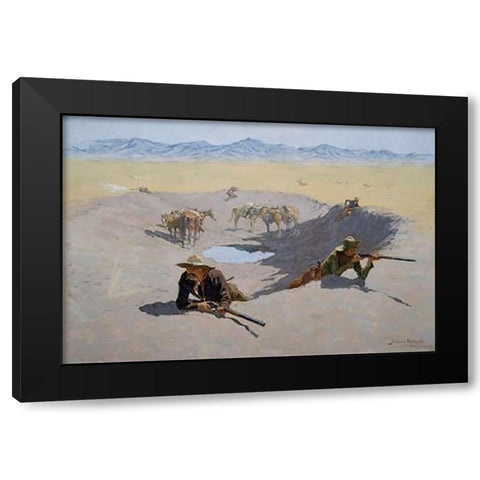 Fight for the Waterhole Black Modern Wood Framed Art Print with Double Matting by Remington, Frederic