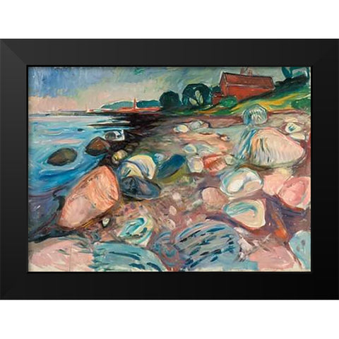 Shore with Red House, 1904 Black Modern Wood Framed Art Print by Munch, Edvard