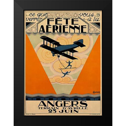 Fete Aerienne Angers - Vintage Aged Paper Style Black Modern Wood Framed Art Print by Armand, Armand P.L.