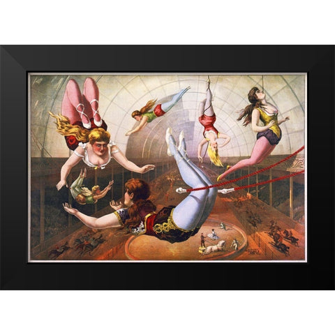 Trapeze Artists In Circus Black Modern Wood Framed Art Print by Hollywood Photo Archive
