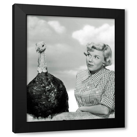 Doris Day with a Thanksgiving Turkey Black Modern Wood Framed Art Print by Hollywood Photo Archive