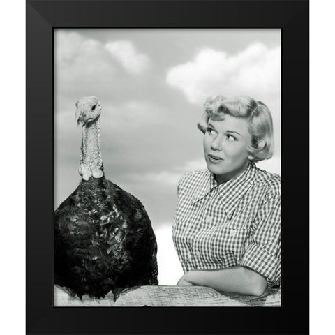 Doris Day with a Thanksgiving Turkey Black Modern Wood Framed Art Print by Hollywood Photo Archive