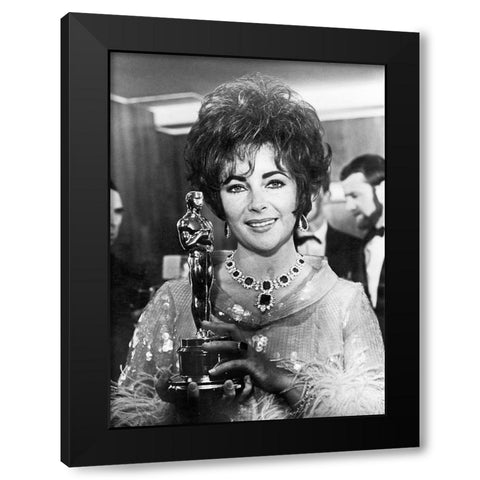 Elizabeth Taylor - Holding an Oscar Black Modern Wood Framed Art Print by Hollywood Photo Archive