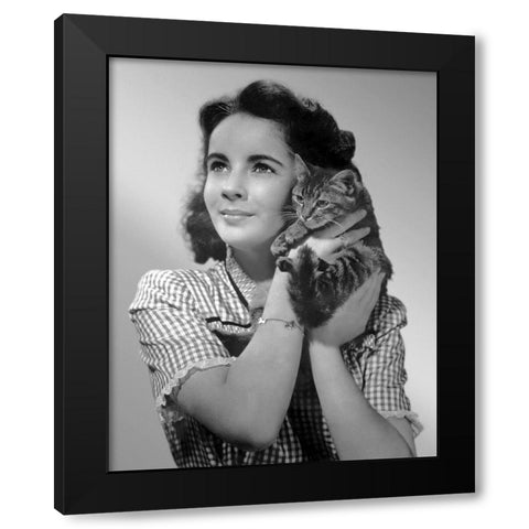 Elizabeth Taylor with kitten Black Modern Wood Framed Art Print with Double Matting by Hollywood Photo Archive