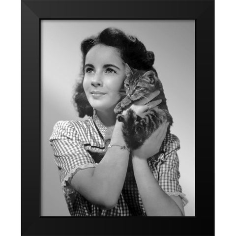 Elizabeth Taylor with kitten Black Modern Wood Framed Art Print by Hollywood Photo Archive