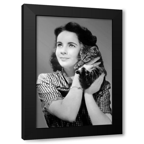 Elizabeth Taylor with a kitten Black Modern Wood Framed Art Print with Double Matting by Hollywood Photo Archive