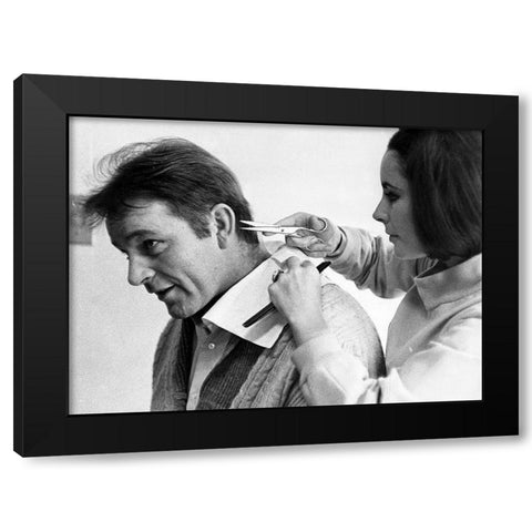 Elizabeth Taylor trims Richard Burtons hair Black Modern Wood Framed Art Print with Double Matting by Hollywood Photo Archive