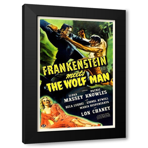 Frankenstein vs Wolfman Black Modern Wood Framed Art Print with Double Matting by Hollywood Photo Archive