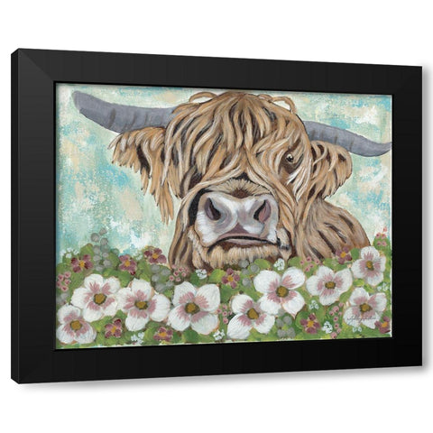 Floral Highland Cow Black Modern Wood Framed Art Print by Justice, Ashley