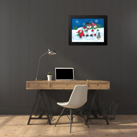 Happy Snowmen Family on Skates Black Modern Wood Framed Art Print by Kater, Diane