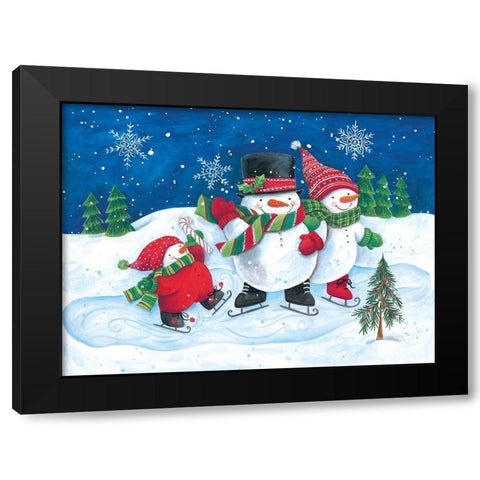 Happy Snowmen Family on Skates Black Modern Wood Framed Art Print by Kater, Diane