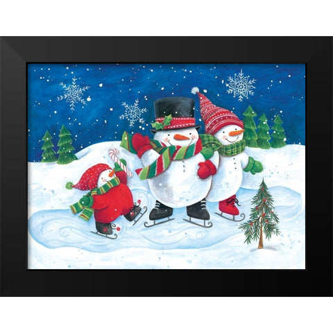 Happy Snowmen Family on Skates Black Modern Wood Framed Art Print by Kater, Diane