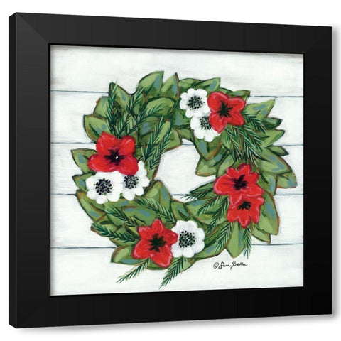 Magnolia Winter Wreath Black Modern Wood Framed Art Print with Double Matting by Baker, Sara