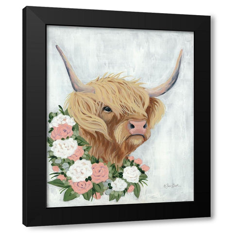 Floral Highlander Cow Black Modern Wood Framed Art Print by Baker, Sara