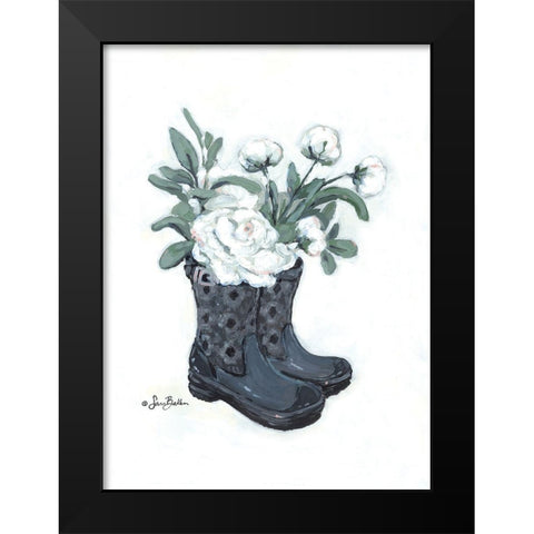 Rain Boot Peonies Black Modern Wood Framed Art Print by Baker, Sara