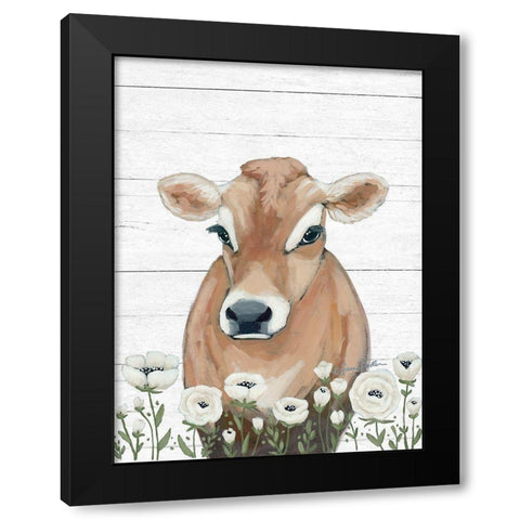 Cow With Flowers Black Modern Wood Framed Art Print by Baker, Sara