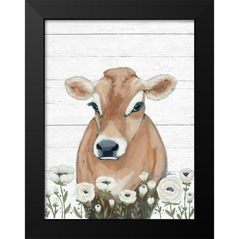 Cow With Flowers Black Modern Wood Framed Art Print by Baker, Sara