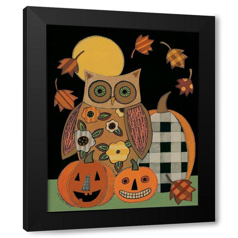 Floral Owl and Pumpkins Black Modern Wood Framed Art Print with Double Matting by Deming, Bernadette
